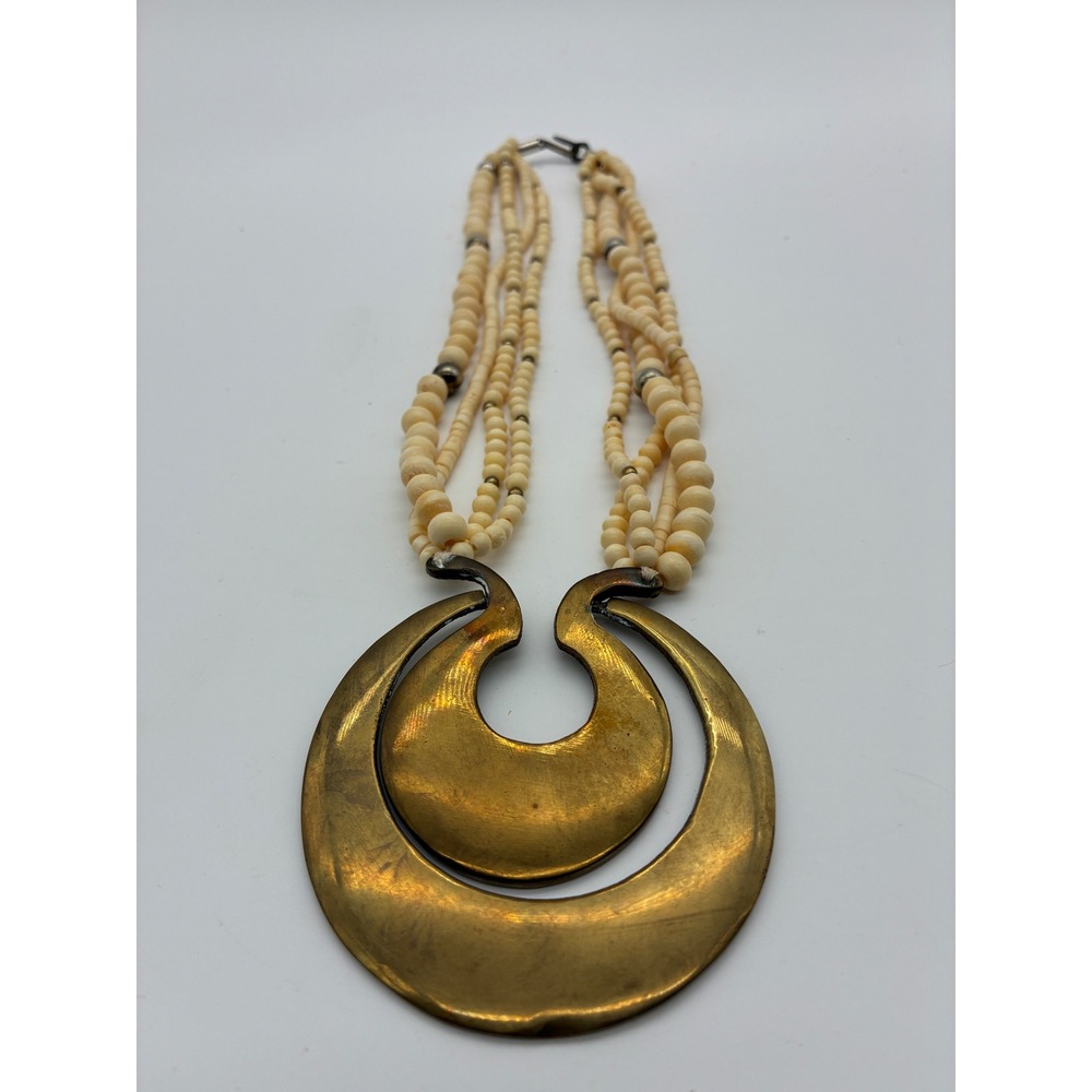 Vintage Brass Crescent Pendant Multi Strand Beaded Statement Necklace Cream